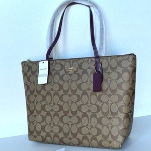 NWT COACH Medium Zip Top Tote Signature Canvas Khaki/Deep Berry 4455